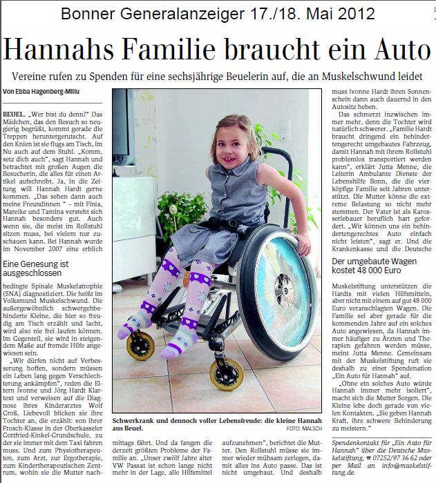 Bonner Generalanzeiger vom 17./18. Mai 2012 - Hannahs Familie braucht ein Auto